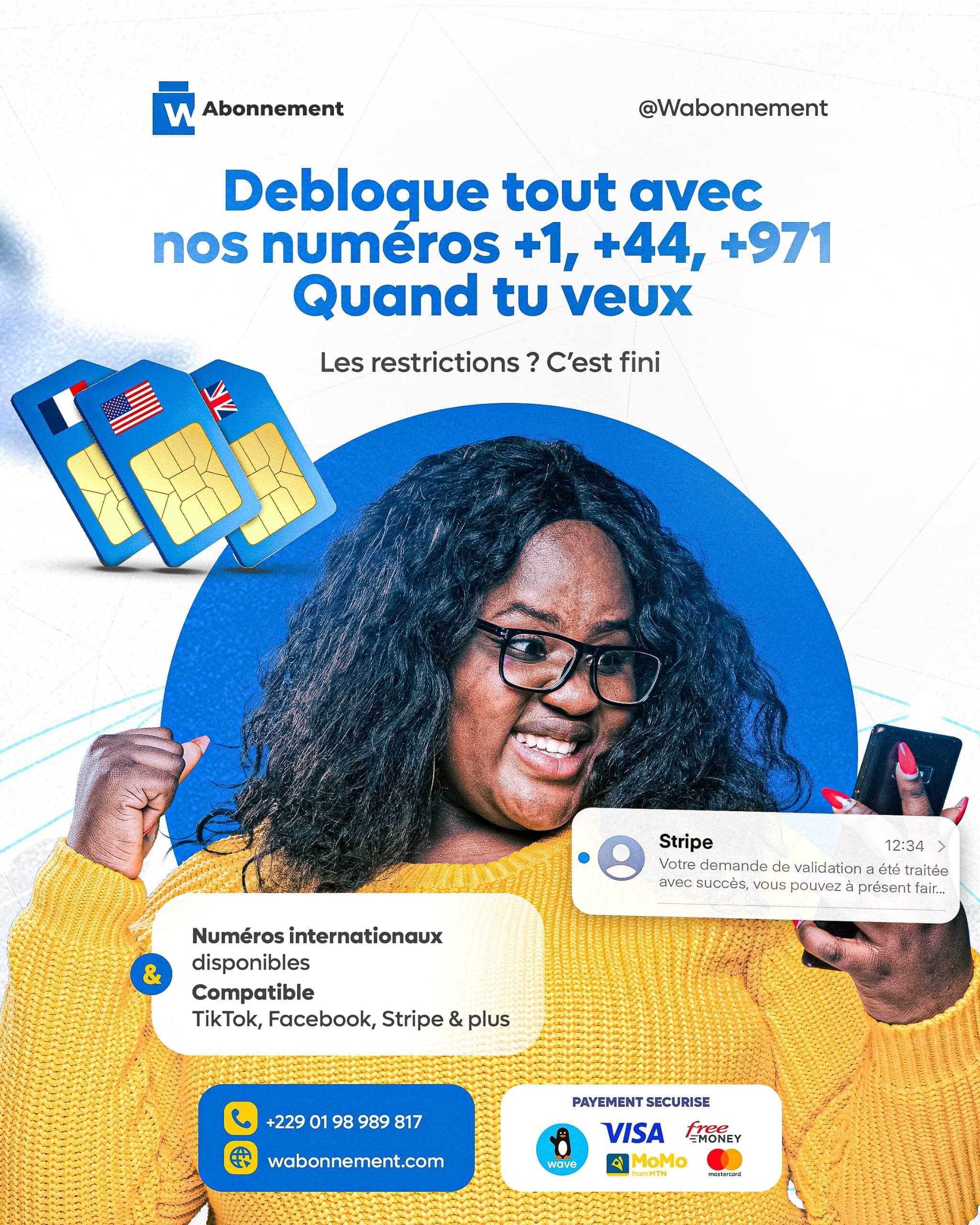Débloque tout avec nos numéros +1, +44, +971 — eSIM Wabonnement